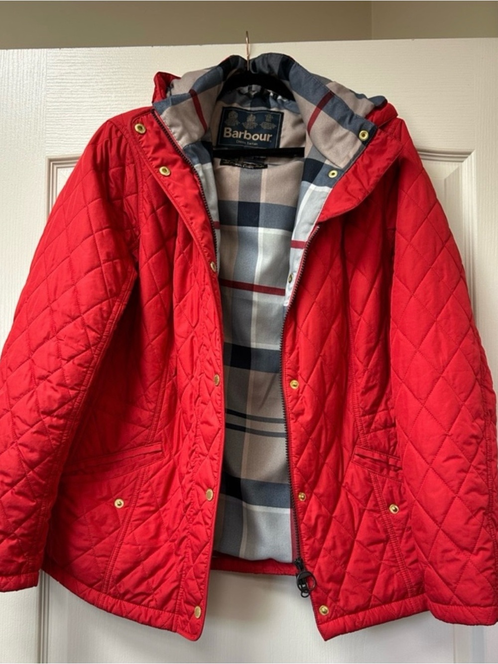 Barbour Red Quilted Jacket with Plaid Lining